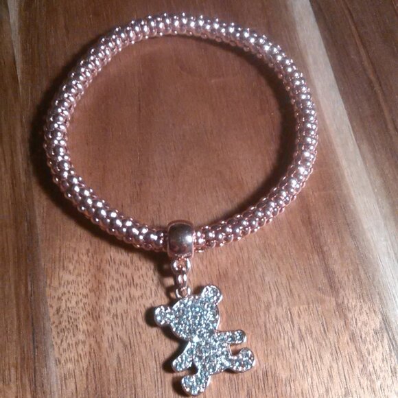 White Austrian Crystal Teddy Bear Charm Rosetone Stretch Bracelet - Picture 5 of 9